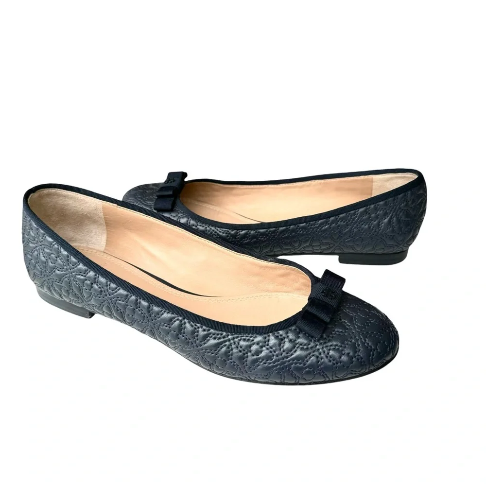 Tory Burch Marion Quilted Navy Blue Flats Leather Bow Detail